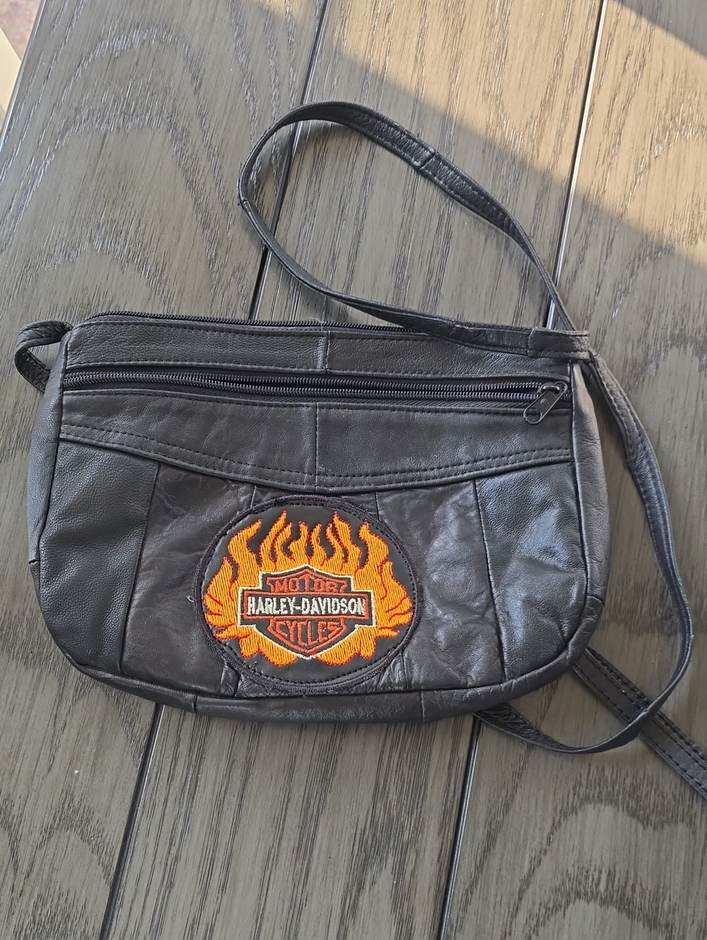 Harley-Davidson Black Leather Crossbody with Orange Flame Patch
